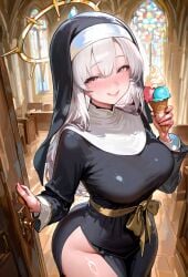 absurd_res ai_generated anime ass back bare_thighs big_hips big_thighs blurry blurry_background blush breasts chapel chubby chubby_belly church colorful_eyes female fingernails halo ice_cream indoors large_breasts long_hair looking_at_viewer looking_up nun nun_outfit parted_lips pink_eyes pink_halo rainbow_eyes sash shiny smile solo solo_female white_hair