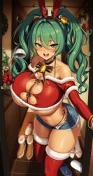 1girls aqua_hair breasts christmas female hatsune_miku hi_res huge_breasts kook large_breasts light-skinned_female light_skin long_hair naughty_face thick_thighs twintails vocaloid wide_hips