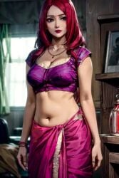 1girls ai_generated harem_outfit light-skinned_female light_skin looking_at_viewer mature_female metal264 red6161 red_hair saree sari