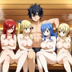 ai_generated erza_scarlet fairy_tail gray_fullbuster harem juvia_lockser lucy_heartfilia sauna