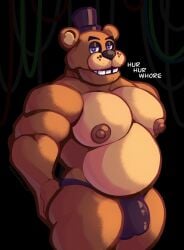 2024 absurd_res animatronic anthro areola barazoku bear beetleartz belly biceps big_areola big_belly big_bulge big_muscles big_nipples big_pecs black_background bulge clothed clothing deltoids english_text eyebrows five_nights_at_freddy's freddy_(fnaf) half-closed_eyes hat headgear headwear hi_res huge_muscles looking_at_viewer machine male mammal musclegut muscular muscular_anthro muscular_male narrowed_eyes nipples pecs robot scottgames simple_background smile solo standing talking_to_viewer teeth text thick_arms thick_thighs thong top_hat topless topless_anthro topless_male underwear wire