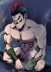 1boy abs bara cigarette kill_la_kill kinagase_tsumugu male male_only multicolored_hair muscle muscles nude pecs penis smoke solo testicles