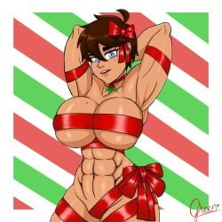 1girls abs angel_(greenlove) blue_eyes christmas dark-skinned_female dark_skin gift_wrapped greenlove looking_at_viewer mistletoe muscular_female oc original_character pixie_cut ribbon ribbon_between_breasts short_hair solo solo_female tan-skinned_female tanned_skin tomboy