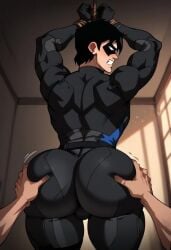 ai_generated angry ass ass_bigger_than_head ass_focus ass_grab big_ass big_butt black_hair blackwhiplash_(style) bodysuit cavariver dc_comics forced gay groping hand_on_butt hands_tied huge_ass huge_butt male male_focus male_only male_pov mask molestation nightwing pov rope thick_ass thick_thighs thighs tied_up wide_hips young_justice