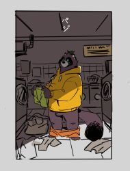 2023 anthro balls canid canine clothing detailed_background genitals hoodie laundromat male mammal p0sporo raccoon_dog slightly_chubby solo tanuki topwear underwear