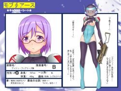 character_bio exposed_breasts glasses guns helmet helmet_removed helmet_with_visor high_heel_boots high_heels light-skinned_female medium_breasts original_characters purple_eyes purple_hair rifle short_hair spacesuit translation_request weapon