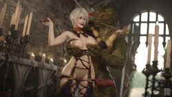 1boy 1girls 3d big_breasts blue_eyes breasts busty female green_scales green_skin hourglass_figure isabella_valentine lizard lizardman lizardman_(soul_calibur) makeup male monster namco rro.lled scalie sex short_hair silver_hair soul_calibur tagme wide_hips