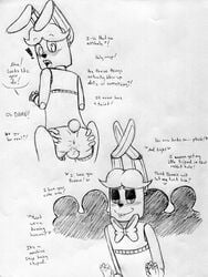 ! ass ass_grab balls blush bonnie_(fnaf) bow_tie buckteeth cute english_text five_nights_at_freddy's greyscale half-closed_eyes hand_on_ass heart human imminent_sex inkyfrog lagomorph machine male mammal monochrome naughty_face rabbit robot spread_ass spreading surprised teeth text video_games yaoi