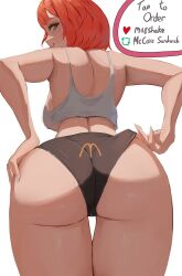 1girls ass blush blushing breasts dat_ass english_text female female_only huge_ass huge_breasts large_breasts light_skin looking_at_viewer looking_back mcdonald's miraihikari mom_(japanese_mcdonald's_commercial) naughty_face orange_hair short_hair simple_background solo sports_bra thick_thighs yoru_mac