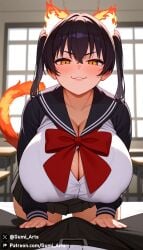 1boy 1girls :3 ai_generated bent_over black_hair blush cat_ears cat_tail classroom cleavage covered_nipples enen_no_shouboutai fire_ears fire_force fire_tail gumi_arts huge_breasts indoors kotatsu_tamaki looking_at_viewer naughty_face school_uniform skirt stable_diffusion thick_thighs twintails wide_hips yellow_eyes