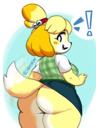 1girls animal_crossing anthro ass bell bottomless bottomless_skirt bubble_butt butt_crack canine dog_ears exclamation_point female furry huge_ass isabelle_(animal_crossing) looking_back no_panties open_mouth plump shortstack smiling solo squishcap_(artist) tail tailwag thick_ass thick_thighs twitter_username upskirt vest white_shirt yellow_body yellow_fur