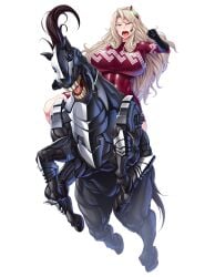 angry big_breasts blonde_hair blonde_hair horseback_riding large_breasts riding_horse