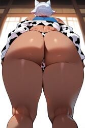 ai_generated ass big_ass brown_skin chika cow_print from_behind lonelysins thiccwithaq_(ai_style) thick_thighs thong white_hair wolf_girl wolf_tail