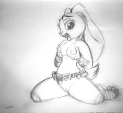 anthro blush breasts clothing cute disney grabbing hand_drawn happy judy_hopps lagomorph looking_at_viewer mammal medium_breasts mirry92 nipples nude police_uniform pose rabbit seductive solo solo_female tongue traditional_media_(artwork) uniform zootopia