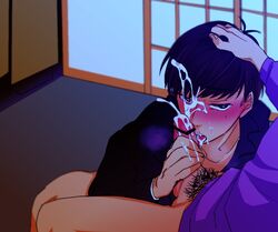 2boys black_hair blush bottomless brothers censored cum cum_in_mouth cum_on_body erection facial family fellatio hair incest male_only matsuno_ichimatsu matsuno_karamatsu multiple_boys naughty_face oral osomatsu-kun osomatsu-san penis saliva siblings testicles yaoi