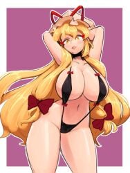 1girls aronnecroman big_breasts bikini blonde_hair border hands hands_behind_head hat light-skinned_female lipstick long_hair mature_female portrait sling_bikini solo solo_female thick_thighs thighs touhou yellow_eyes yukari's_gap_bikini_(meme) yukari_yakumo