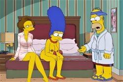 1boy 2girls bald blue_hair brown_hair edna_krabappel fat fat_man homer_simpson husband_and_wife marge_simpson mature_female milf mother the_simpsons wife yellow_body yellow_sclera