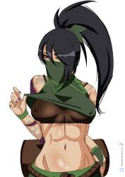 1girl 1girls akali athletic athletic_female black_hair boobs breasts girl hayashidraws kunoichi league_of_legends mask masked ninja purple_nails red_eyes