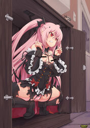 1girls :d angry animalization bar_censor bondage boots brown_hair censored clenched_teeth cuffs-to-collar female femsub forced gothic_lolita hair_ornament headgear highres krul_tepes lolita_fashion long_hair mutsu_(snail) no_bra open_mouth owari_no_seraph panties pink_hair red_eyes restrained short_hair smile snail solo spread_legs stormcow teeth thigh_boots thighhighs torn_clothes turret underwear vampire |_|