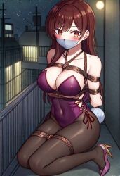 ai_generated balcony blush bondage brown_hair bunnysuit duct_tape harness kanojo_okarishimasu long_hair looking_at_viewer mizuhara_chizuru night on_knees purple_bunnysuit purple_heels rope tied_up