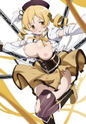 big_breasts blonde_hair breasts_out corset female female_only flower_in_hair guns magical_girl mahou_shoujo_madoka_magica puella_magi_madoka_magica solo tomoe_mami torn_clothes twin_drills white_background