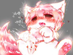 2017 bodily_fluids canid canine chinese_text deaic disembodied_hand ejaculation female feral fingering fur genital_fluids ghost_hands grey_background hair heart_symbol hi_res kemono mammal orgasm pawpads pink_body pink_fur pink_hair pink_pawpads pussy_ejaculation saliva shaded simple_background solo text vaginal_fluids white_body white_fur