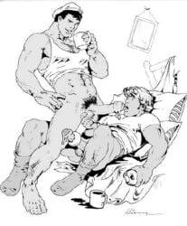 alpha_male bed bedroom beefy big_feet black_and_white cocky cocky_smile coffee coffee_cup coffee_mug daddy donut etienne_(artist) feet fraternity gay gay_sex hard_on homosexual horny horny_male male male_only males_only manly masculine masculine_male muscular muscular_male stephen_(artist) tough_guy vintage