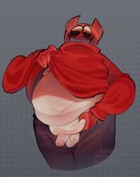 2024 big_male bob_velseb catatex_69 demon flaccid lifting_clothing overweight overweight_male penis_out red_body smile soft_penis solo solo_male spooky_month tummy tummy_bulge white_skin