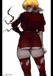 ass ass_visible_under_skirt blonde_hair clothed hellsing hellsing_ultimate looking_at_viewer red_eyes seras_victoria skirt thighhighs thighs vampire vampire_girl vanerchest white_gloves