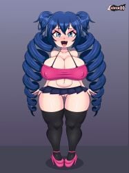 blue_eyes blue_hair bra_strap chivox00 commission commissioner_upload crop_top cute_fang daisycandy huge_ass huge_breasts katey_love microskirt pumps pussy revealing_clothes shortstack stockings twintails