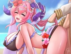 1boy 1girls all_fours alternate_costume bare_arms bare_thighs beach bent_over bikini black_bikini black_swimsuit blush ciderwrath cleavage covered_nipples doggy_style female female_focus fire_emblem fire_emblem_heroes flower hair_between_eyes hair_flower hair_grab half-closed_eyes horns kiran_(fire_emblem) kiran_(fire_emblem)_(male) kneeling looking_at_viewer looking_back male nerthuz_(fire_emblem) nerthuz_(summer)_(fire_emblem) nintendo ocean official_alternate_costume one_eye_closed open_mouth outdoors pink_hair ponytail sex sideboob solo_focus swimsuit thighs vaginal_penetration