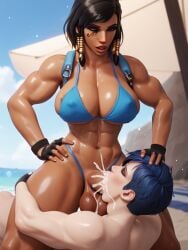 1boy 1futa ahe_gao ai_generated blizzard_entertainment blowjob bwarb1234 cum cum_in_mouth dark_skin deepthroat egyptian fareeha_amari futa_on_male futadom futanari irrumatio large_breasts large_penis larger_futanari malesub muscular_futanari overwatch overwatch_2 pharah stable_diffusion submissive_male