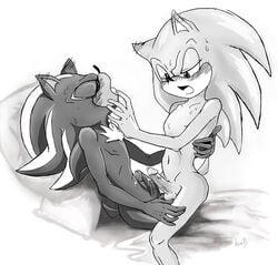 anthro balls chest_tuft closed_eyes frottage greyscale half-closed_eyes hedgehog humanoid_penis kowoshake male mammal monochrome open_mouth penis sex shadow_the_hedgehog sonic_(series) sonic_the_hedgehog sweat tuft vein veiny_penis yaoi