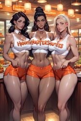 3girls ai_generated athletic big_ass big_breasts big_butt black_hair blonde_hair booty_shorts cleavage embracing fit_female hooters hooters_uniform midriff pressing_against rcally restaurant thick_thighs thighs wide_hips