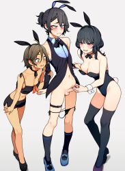 1boy 2girls blue_nails breasts bunny_ears bunny_tail dark-skinned_female female_pervert femboy grabbing hairclip kusi_zaki leggings looking_at_another looking_at_penis masturbation panties panties_around_leg penis short_shorts trap