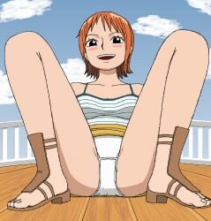 1girls blush female female_only looking_at_viewer looking_down nami one_piece orange_hair panties pantyshot pre-timeskip skirt spread_legs tank_top white_panties yonkaku