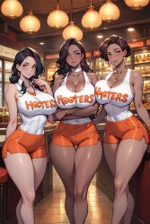 3girls ai_generated athletic big_ass big_breasts big_butt black_hair blush booty_shorts brown_hair cleavage embracing fit_female hooters hooters_uniform huge_breasts massive_breasts midriff pressing_against restaurant thick_thighs thighs wide_hips