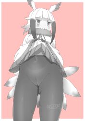 absurdres ass_visible_through_thighs bird_girl bird_tail bird_wings blush border cleft_of_venus clothes_lift covered_navel cowboy_shot empty_eyes female fur_collar gloves greyscale greyscale_with_colored_background groin highres japanese_crested_ibis_(kemono_friends) kemono_friends lifting_own_clothes long_hair long_sleeves looking_at_viewer masuyama_ryou monochrome multicolored_hair no_panties outside_border pantyhose parted_lips pink_background pussy shirt simple_background skin_tight skirt skirt_lift solo straight-on tail white_border wide_sleeves wings