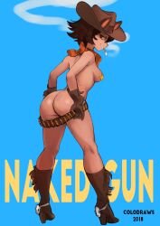 1girls ammo_belt ass black_hair boots breasts butt_crack cartridge casual cigarette colo cowboy_boots cowboy_hat exposed_torso female footwear handwear headwear human jane_abigail_mori nude pale_skin pasties smoking solo star_pasties tactical_nudity