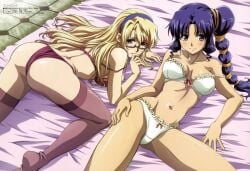 ass back bare_arms bare_back bare_belly bare_legs bare_shoulders bare_thighs bed bed_sheet belly_button big_breasts black_eyes blonde_hair blue_eyes blue_hair blush bra breasts freezing_(series) glasses hairband hand_on_thigh lingerie long_hair megami_magazine mouth_closed official_art panties rana_linchen satellizer_el_bridget side_ponytail smile strap_slip thighhighs thighs underwear underwear_only white_bra white_panties white_underwear