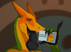 anthro gemini_the_sergal genitals hi_res holding_object license looking_at_viewer male multicolored_body penis showing_something solo tongue tongue_out