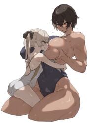 2girls assertive_female blonde_hair blue_eyes breasts brown_hair carrying carrying_person competition_school_swimsuit dark-skinned_female dark_skin dated_commentary gym_uniform height_difference highres humping kei_(m_k) large_breasts long_hair m_k multiple_girls muscular muscular_female original red_eyes rika_(m_k) school_swimsuit short_hair simple_background size_difference sweat swimsuit tall tall_female tan tomboy tongue tongue_out yuri