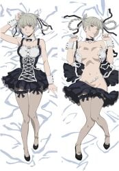 bare_arms bare_belly bare_shoulders belly blue_lipstick braids breasts censored_nipples cleavage collarbone convenient_censoring dakimakura dakimakura_design dress_removed feet grey_eyes grey_hair kakegurui lipstick maid maid_outfit maid_uniform medium_breasts momobami_kirari mouth_closed nail_polish official_art open_mouth pointy_chin shoes skirt_removed smile thigh_gap thighhighs thighs undressed