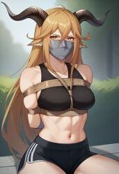 ai_generated animal_ears arknights arms_tied_behind_back asphyxiation blonde_hair bondage degenbrecher_(arknights) gag gagged horns looking_at_viewer over_the_nose_gag sitting tape_gag yellow_eyes