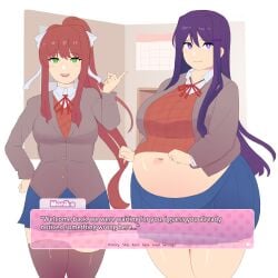 2girls big_belly big_breasts blush brown_hair clothed clothing color doki_doki_literature_club duharu embarrassed fat fat_belly female female_only green_eyes long_hair monika_(doki_doki_literature_club) napolitane navel outgrowing_clothes overweight plump purple_eyes purple_hair school_uniform text wardrobe_malfunction white_bow yuri_(doki_doki_literature_club)