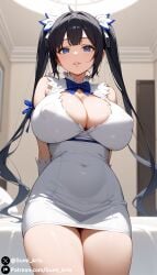 ai_generated alternate_body_type black_hair blue_eyes cleavage covered_nipples dress dungeon_ni_deai_wo_motomeru_no_wa_machigatteiru_darou_ka gumi_arts hestia_(danmachi) huge_breasts indoors looking_at_viewer parted_lips smile stable_diffusion thick thick_thighs twintails