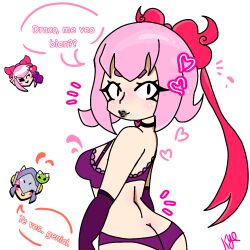 ass ass_cleavage bangs black_eyes black_lipstick blush bra brawl_stars breasts butt_crack draco_(brawl_stars) eyelashes female female/male heart hearts_around_head love makeup male male/female melodie_(brawl_stars) nude panties pink_bow pink_hair purple_underwear short_hair small_breasts