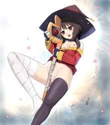 bandages black_hair black_legwear blush bottomless breasts cape collar crotch_rub female fingerless_gloves gloves hair harukigenia hat headgear highres kono_subarashii_sekai_ni_shukufuku_wo! megumin nipples open_mouth pussy pussy_juice red_eyes short_hair single_thighhigh solo staff thighhighs witch_hat