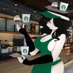 apron_only black_hair high_resolution starbucks tagme