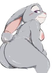 1girls 2016 anthro areola ass big_areola big_breasts big_butt big_ears blush breasts disney eyelashes female floppy_ears fluffy fluffy_tail half-closed_eyes judy_hopps kokkoman lagomorph large_breasts lips looking_at_viewer looking_back mammal nipples nude overweight overweight_female pink_nose purple_eyes rabbit rear_view short_tail simple_background sitting smile solo thick_tail thick_thighs zootopia